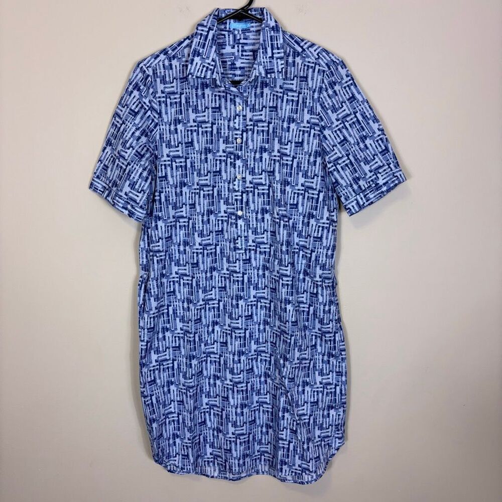 J. Mclaughlin Blue Patterned Collared Henley Button Short Sleeve Shirt Dress S